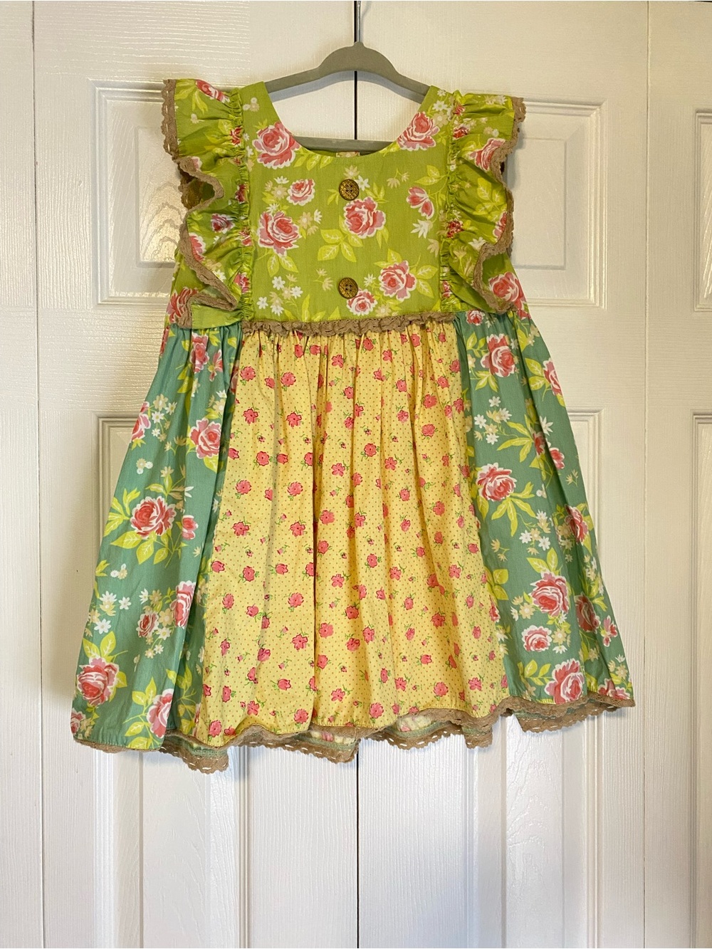Mustard Pie Floral Patchwork Dress in Green, Yellow & Pink Ruffles Lace Cotton